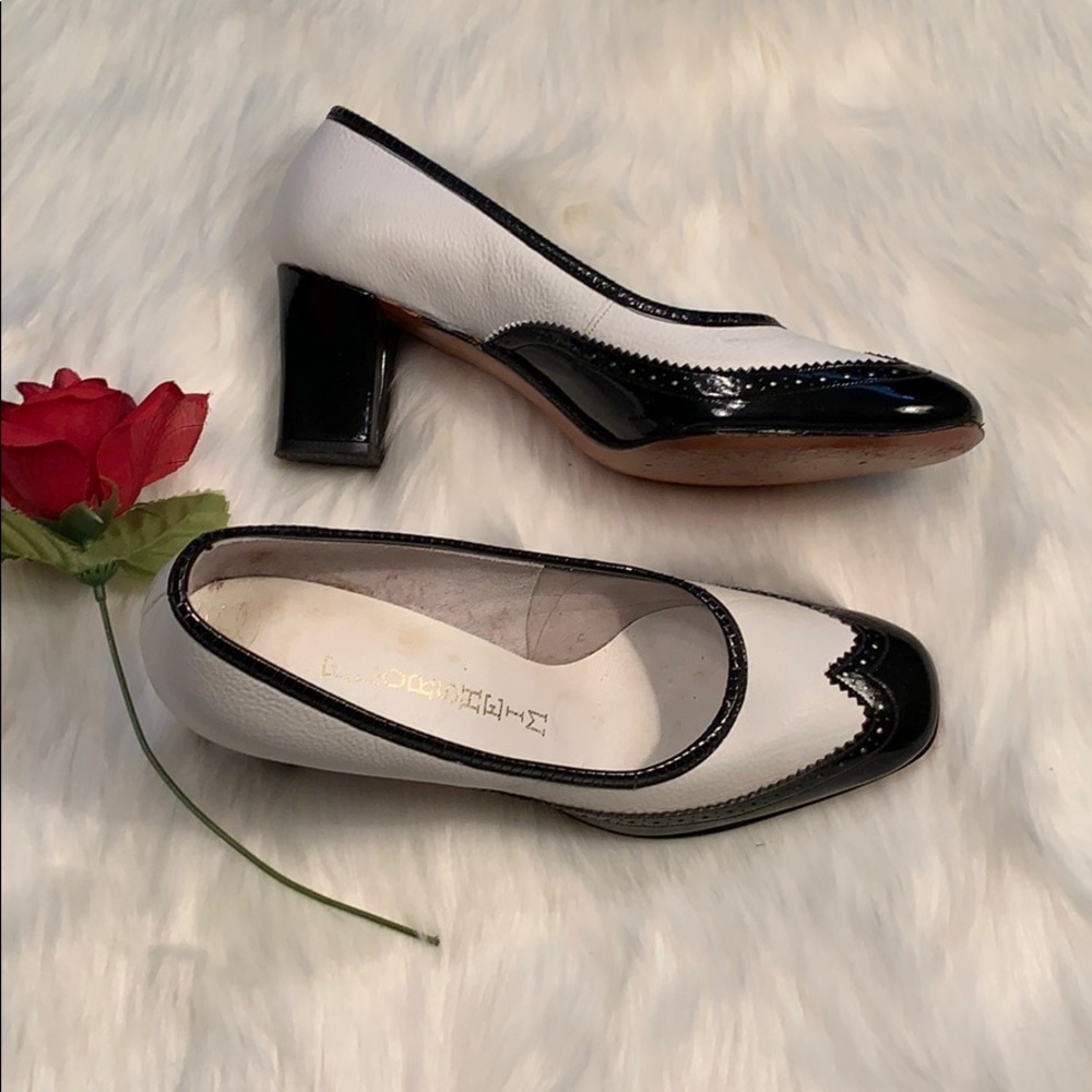 Women's Two-Tone Black & White Leather Block Heel Pumps